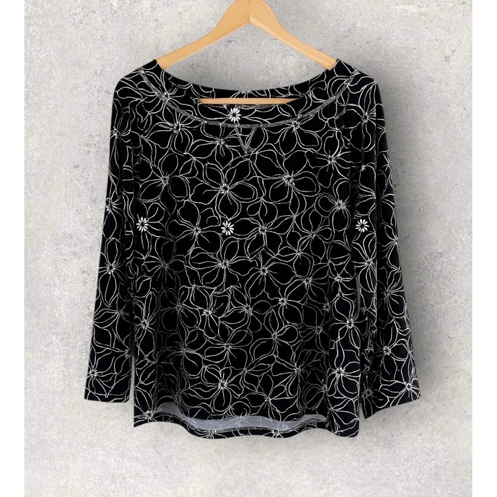 T By Talbots Popover Tee Top Modal Cotton Knit Stretch Black White Size L Petite